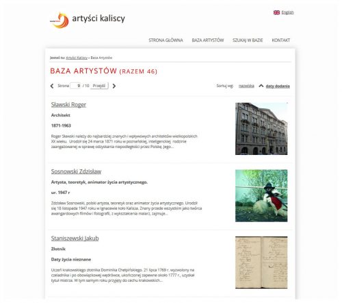 Widok strony archiwum artystów kaliskich stworzonej dla galerii im. Jana Tarasina w Kaliszu w oparciu o aplikację Galeneo